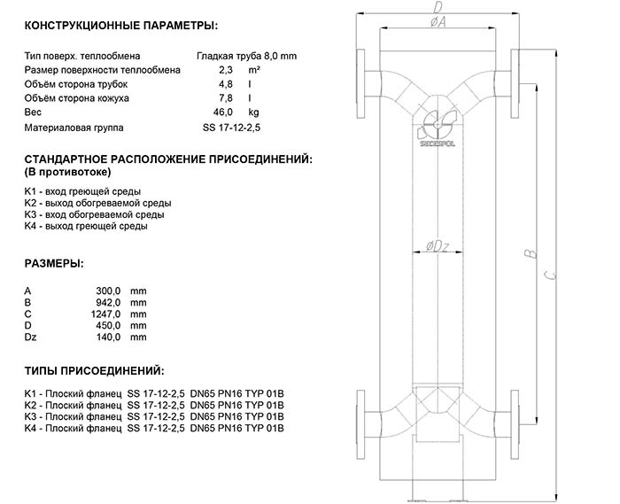 Габаритные размеры кожухотрубного теплообменника Secespol HAD PFX 5.38.08.71