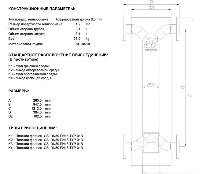 Габаритные размеры кожухотрубного теплообменника Secespol HAD SFXK 3.18.08.75