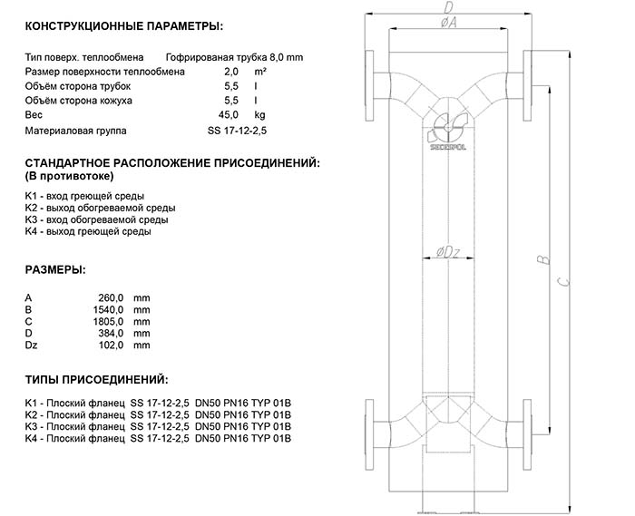 Габаритные размеры кожухотрубного теплообменника Secespol HAD PFXK 3.18