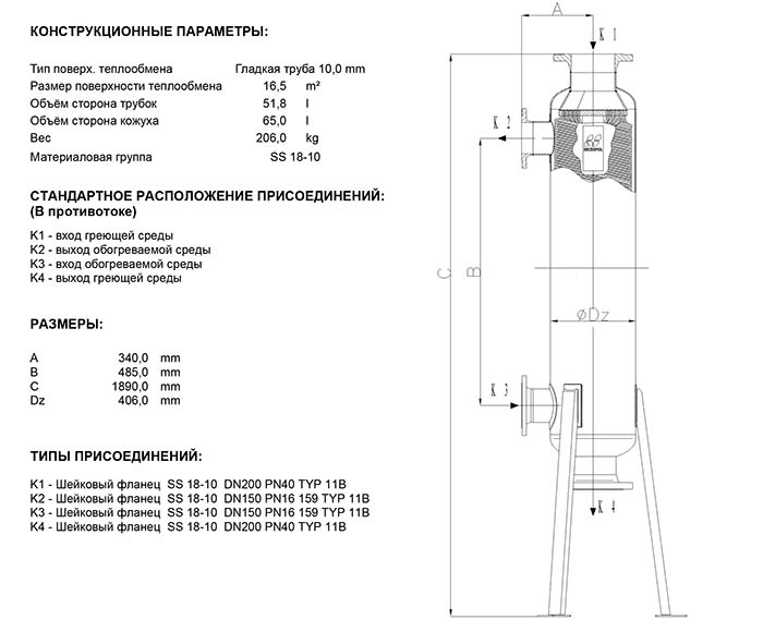 Габаритные размеры кожухотрубного теплообменника Secespol JAD 15.177.10.75 MF.STA.SS