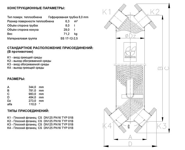 Габаритные размеры кожухотрубного теплообменника Secespol JAD XK 12.114.08.50 FF.PRO.CS