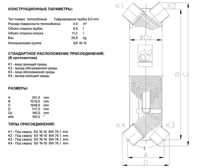 Габаритные размеры кожухотрубного теплообменника Secespol JAD XK 5.38 BF.STA.WD