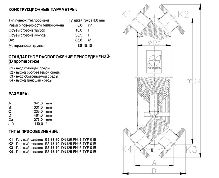 Габаритные размеры кожухотрубного теплообменника Secespol JAD X 12.114.08.75 FF.STA.SS