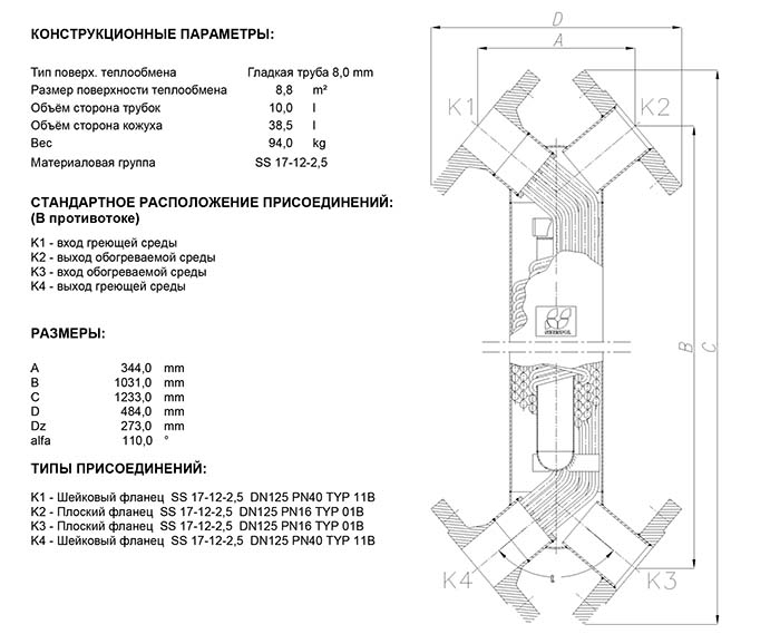 Габаритные размеры кожухотрубного теплообменника Secespol JAD X 12.114.08.75 MF.PRO.SS