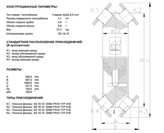 Габаритные размеры кожухотрубного теплообменника Secespol JAD X 6.50.08.72 FF.STA.SS