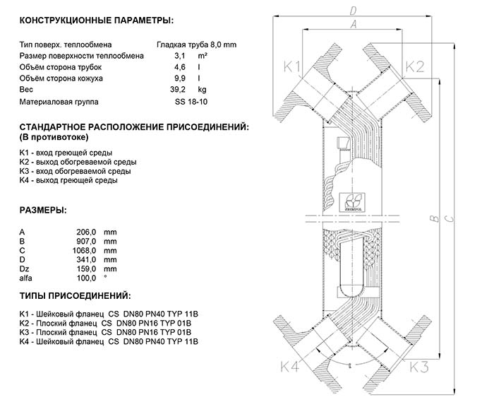 Габаритные размеры кожухотрубного теплообменника Secespol JAD X 6.50.08.72 MF.STA.CS 