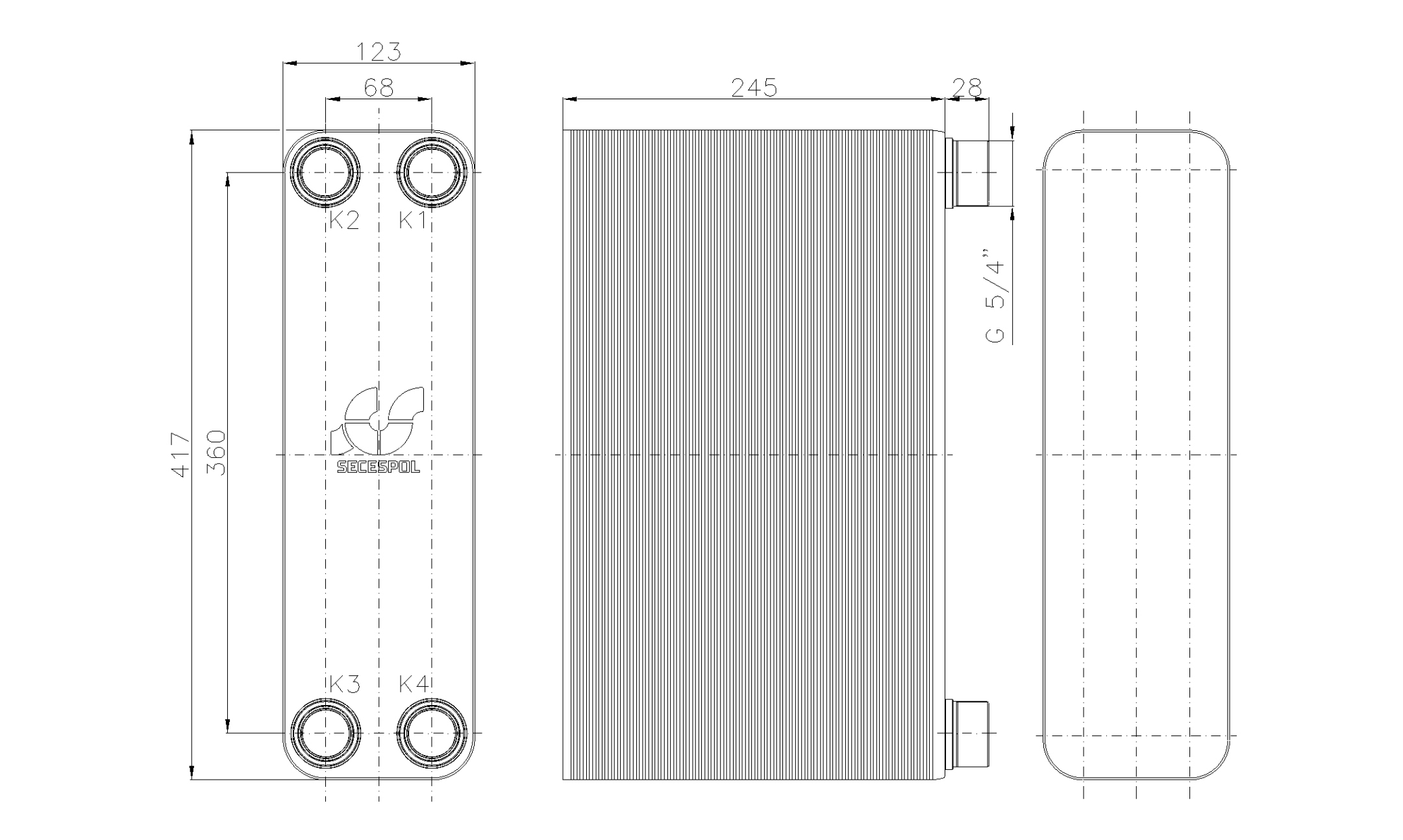 Габаритные размеры паяного пластинчатого теплообменника Secespol LB47-100H-5/4"