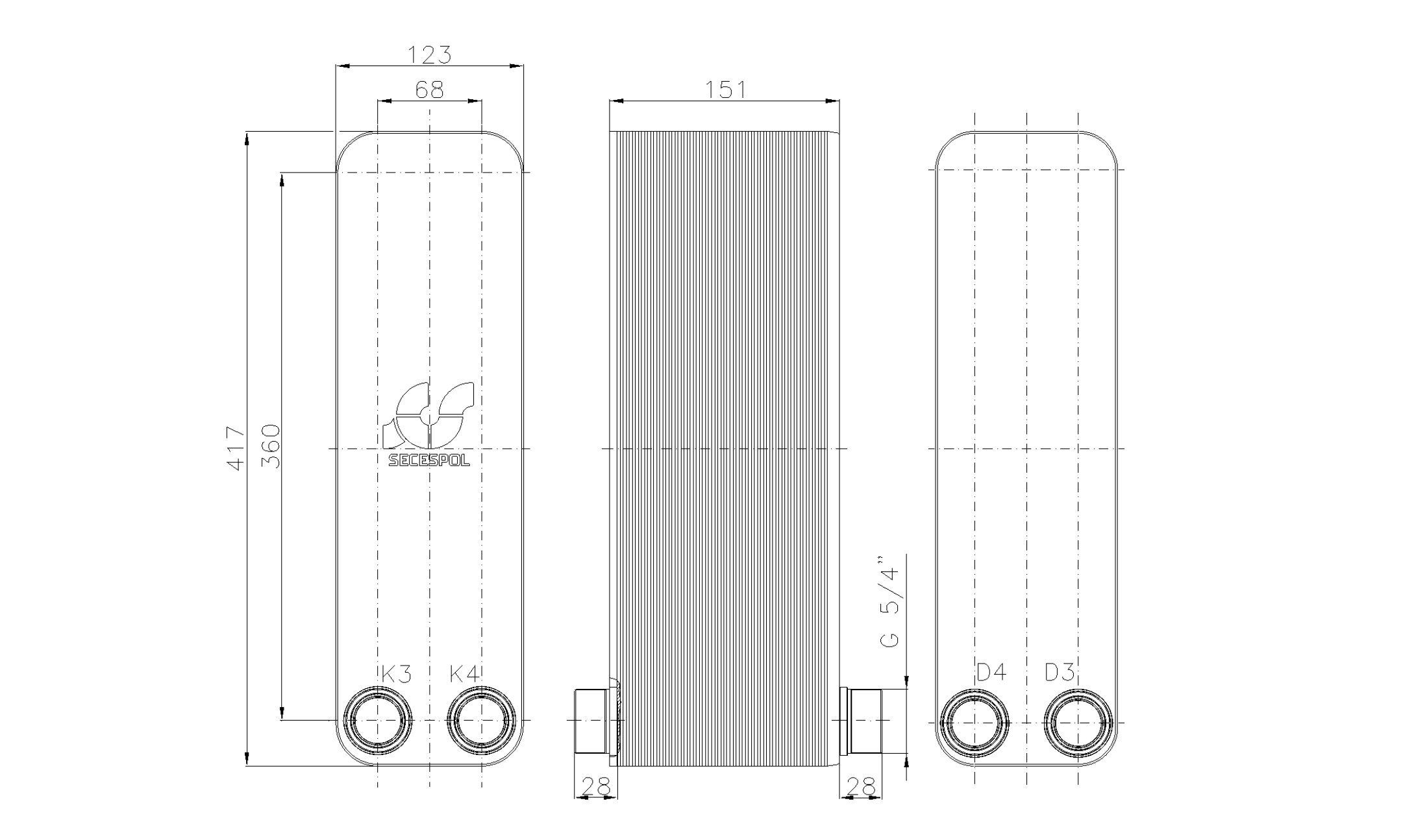Габаритные размеры паяного пластинчатого теплообменника Secespol LB47-70H-2-5/4"