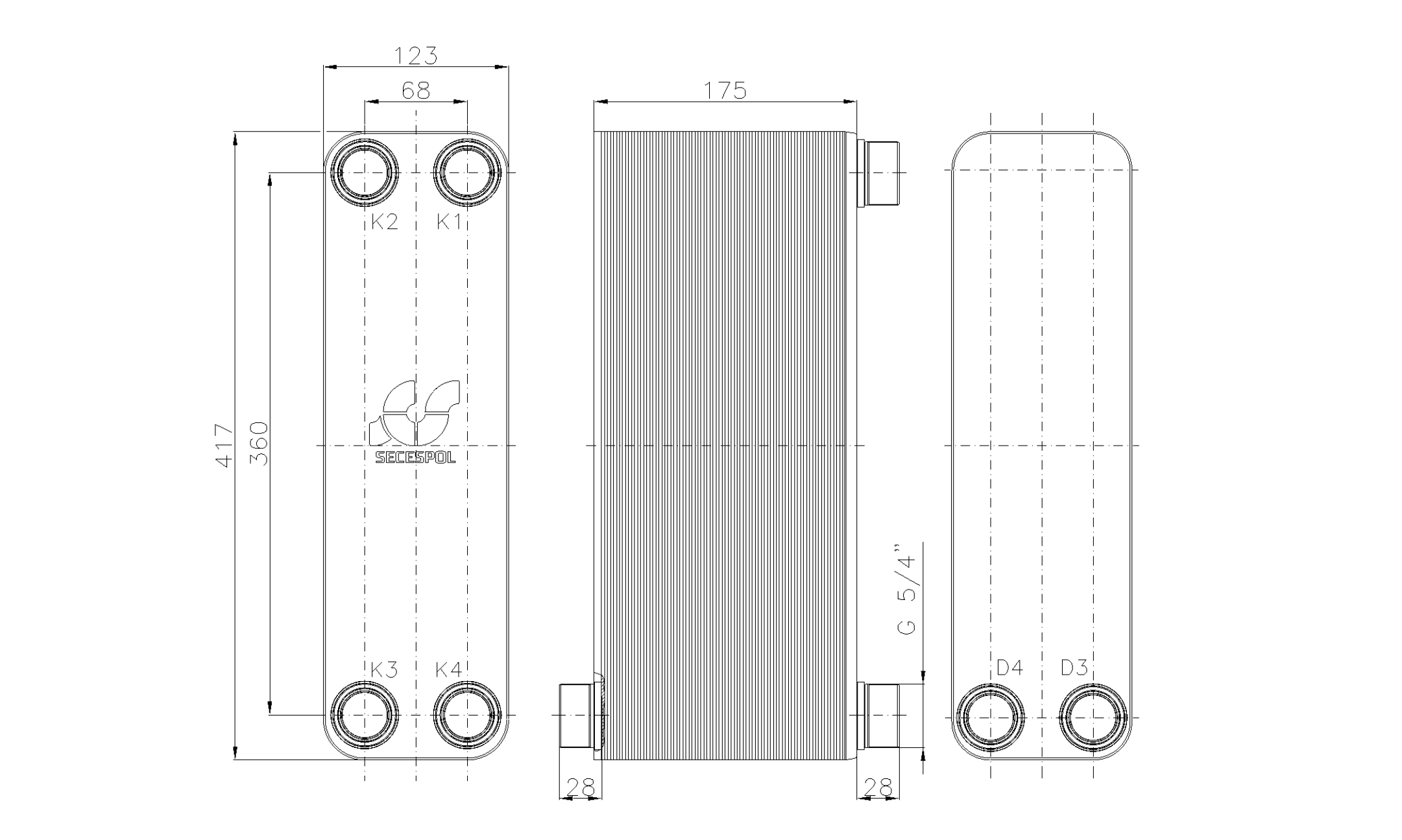 Габаритные размеры паяного пластинчатого теплообменника Secespol LB47-70H-2S-5/4"