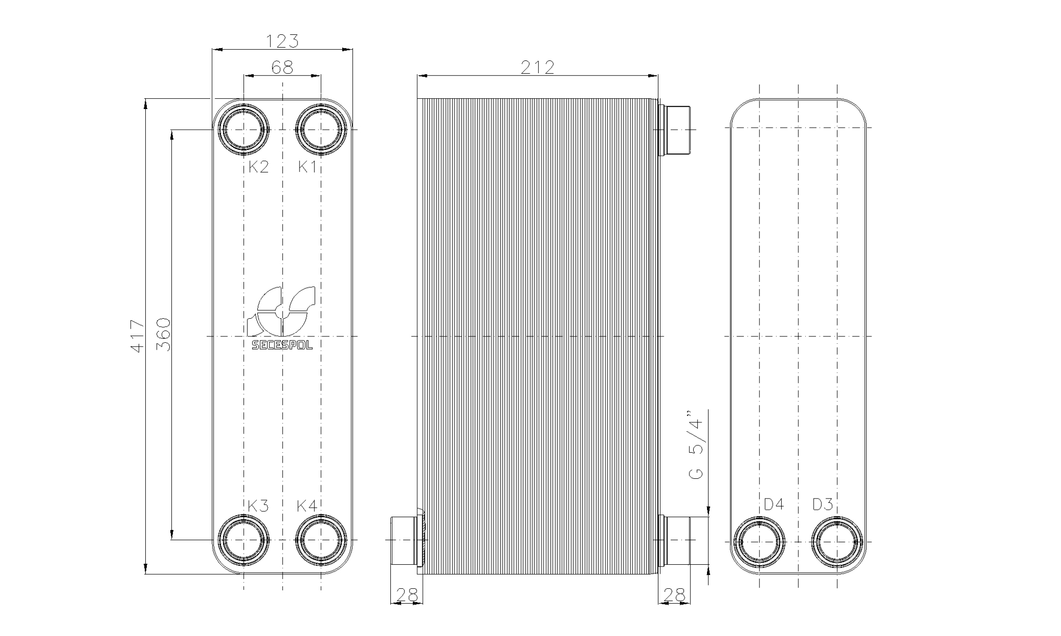 Габаритные размеры паяного пластинчатого теплообменника Secespol LB47-90H-2S-5/4"