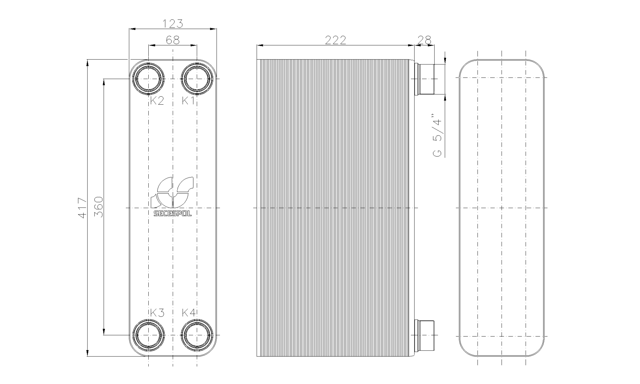 Габаритные размеры паяного пластинчатого теплообменника Secespol LB47-90H-5/4"