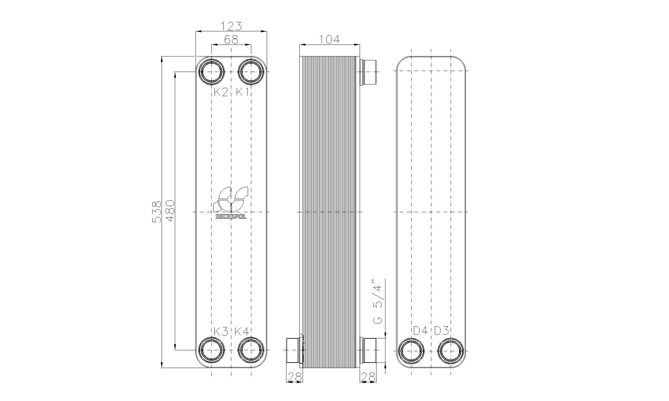 Габаритные размеры паяного пластинчатого теплообменника Secespol LB60-40H-2S-5/4"