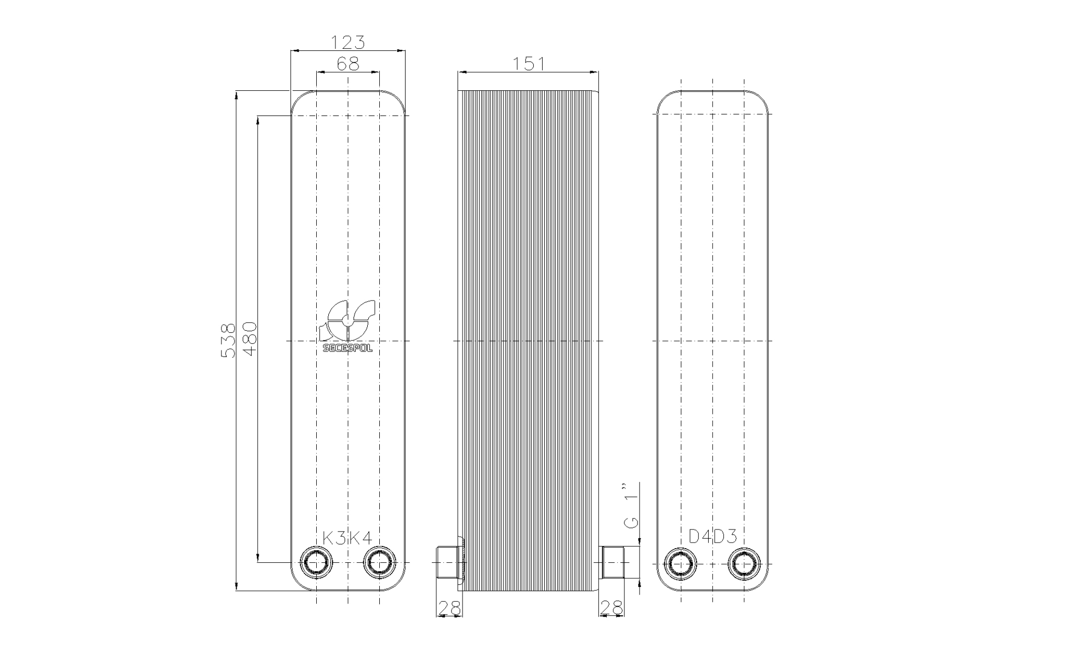Габаритные размеры паяного пластинчатого теплообменника Secespol LB60-60L-2-1"