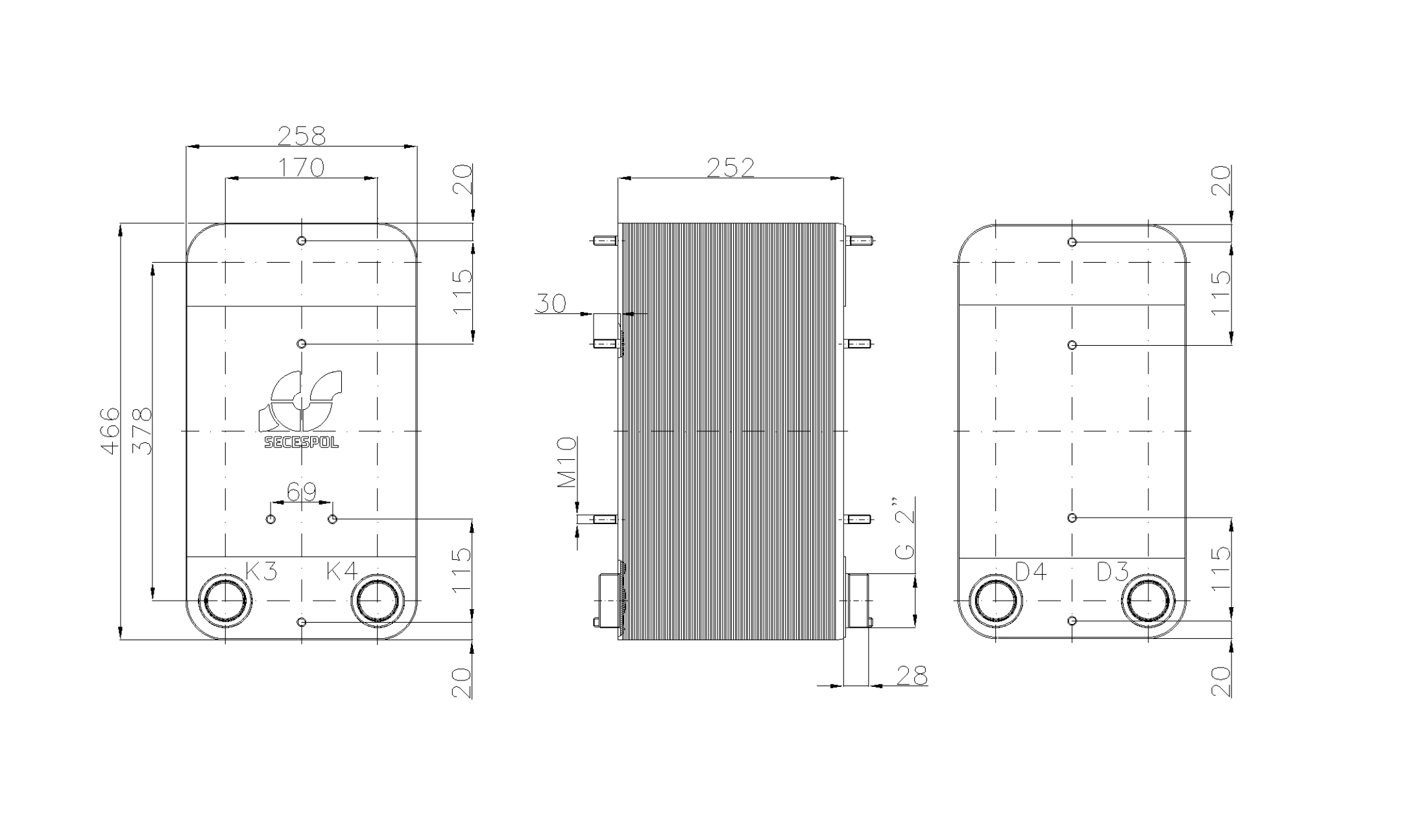 Габаритные размеры паяного пластинчатого теплообменника Secespol LC110-100-2-2"