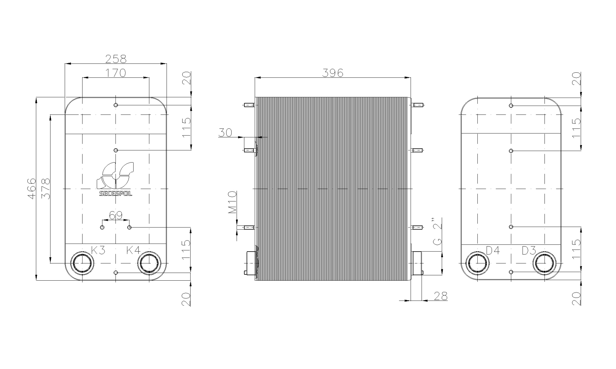 Габаритные размеры паяного пластинчатого теплообменника Secespol LC110-160-2-2"