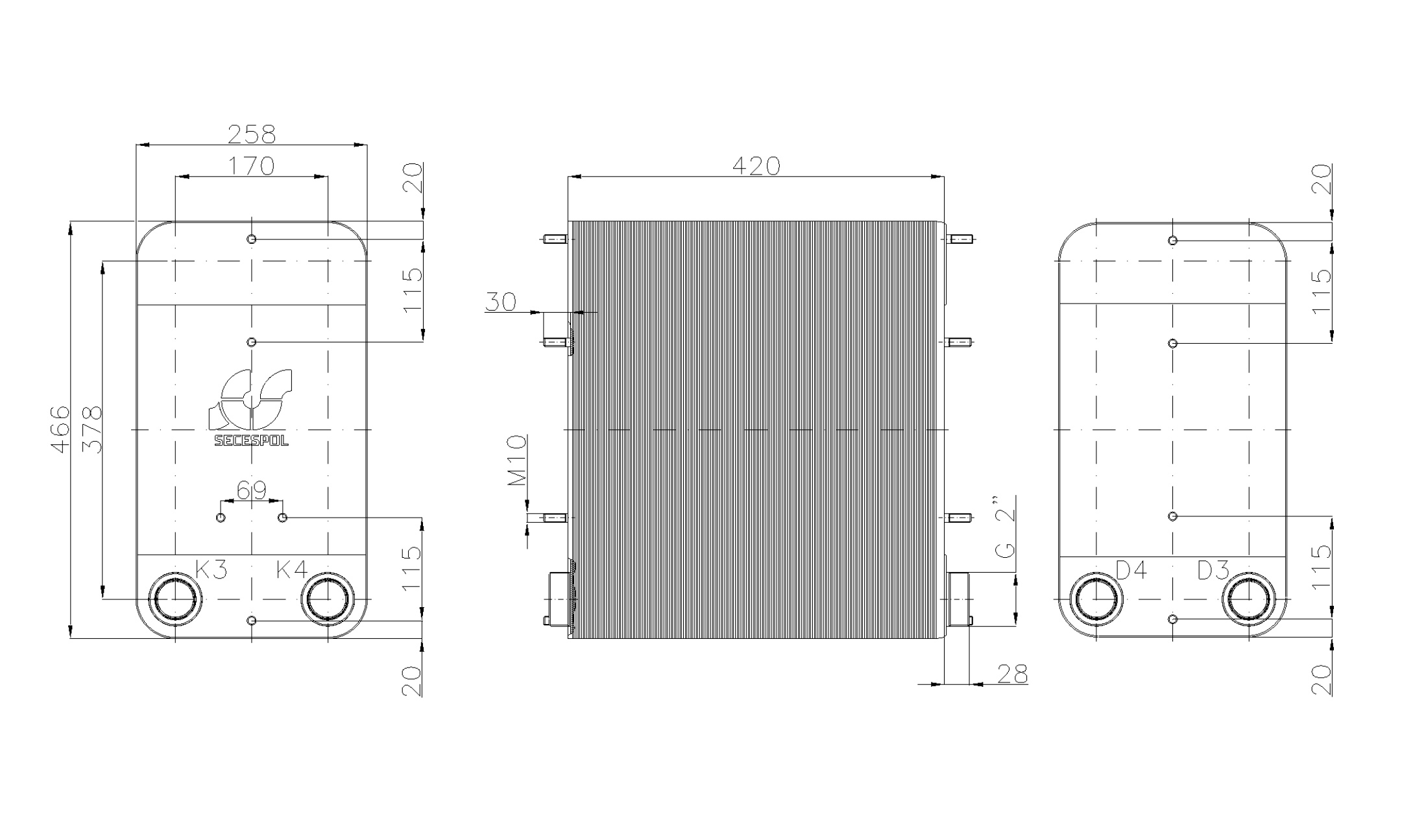 Габаритные размеры паяного пластинчатого теплообменника Secespol LC110-170-2-2"