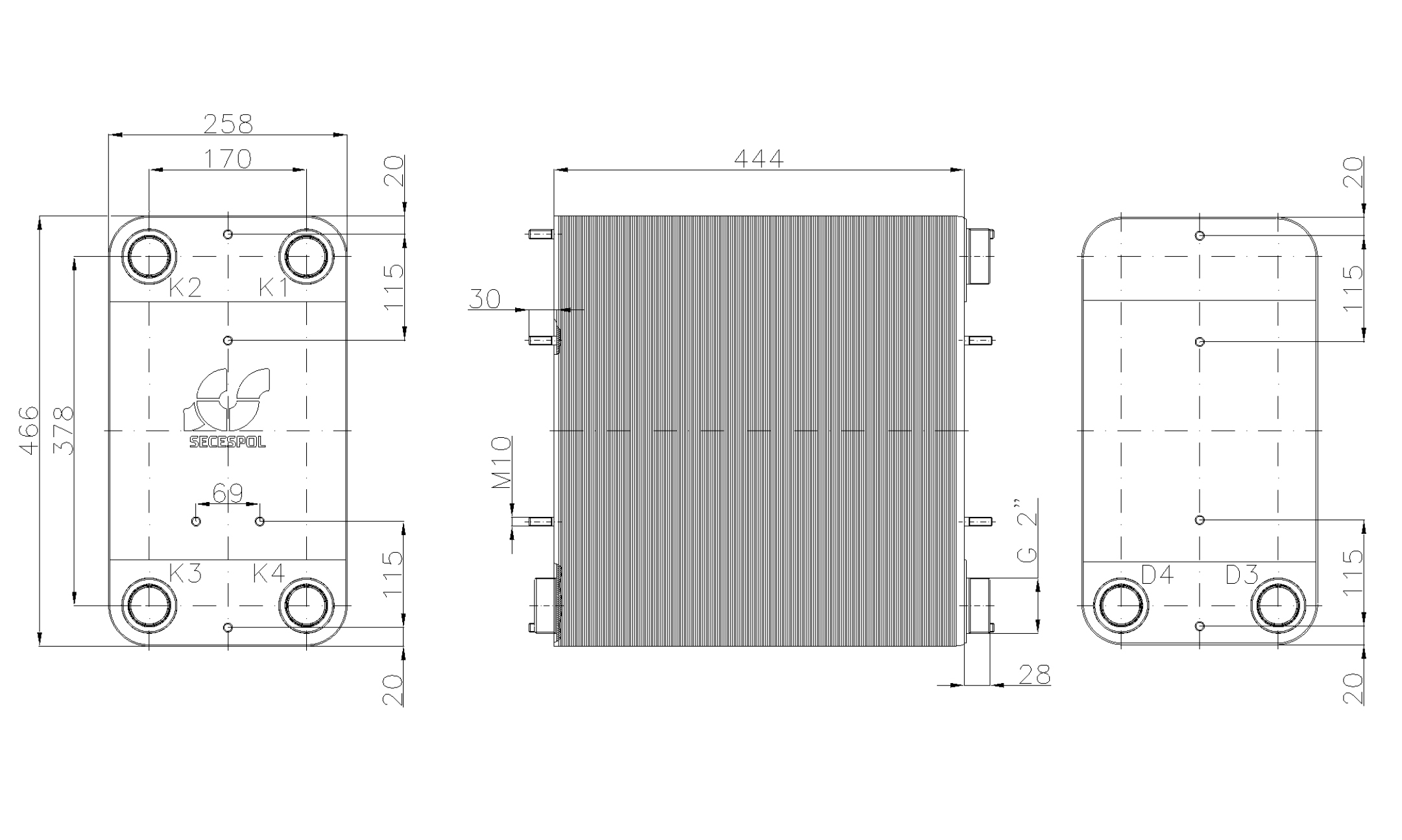 Габаритные размеры паяного пластинчатого теплообменника Secespol LC110-180-2S-2"
