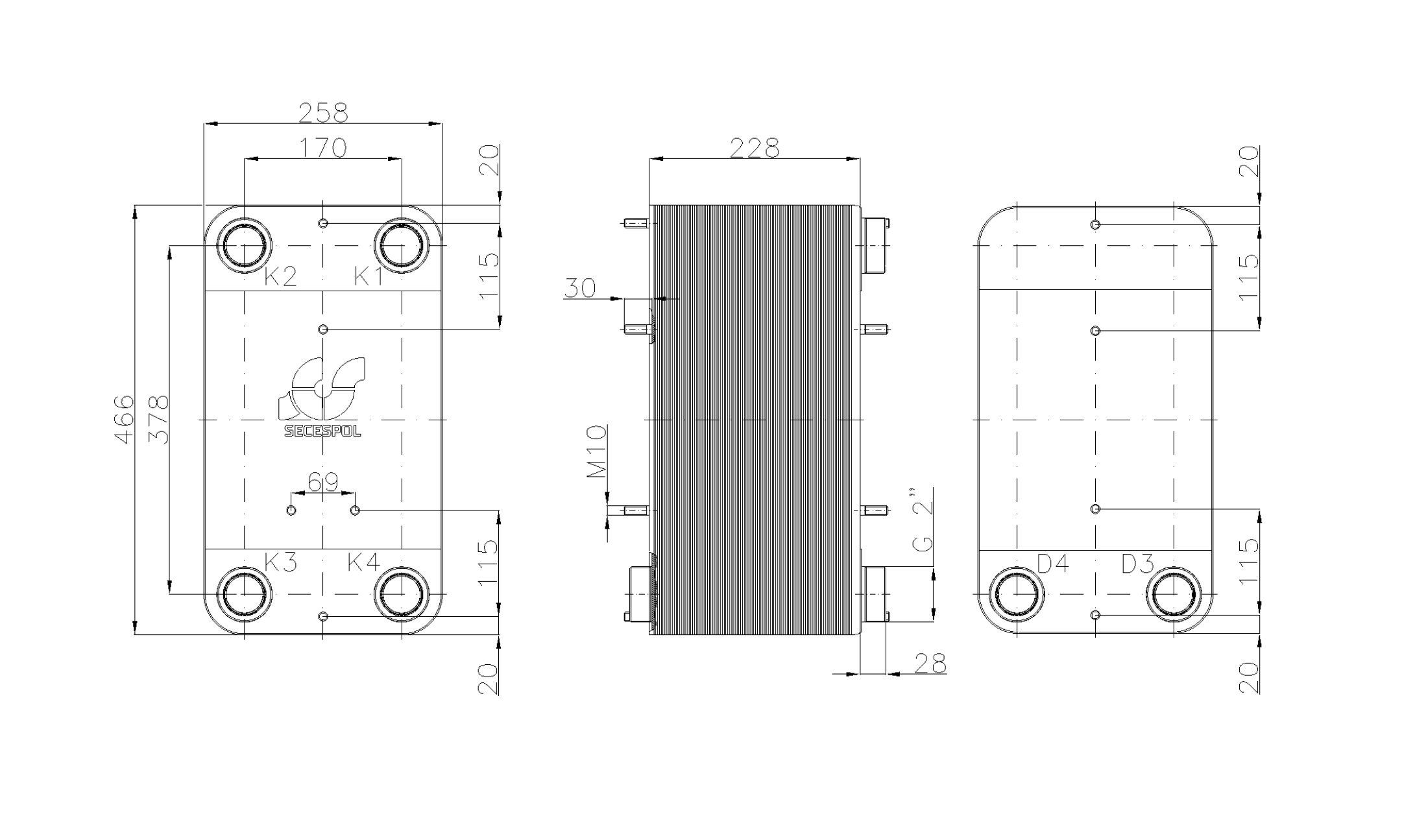 Габаритные размеры паяного пластинчатого теплообменника Secespol LC110-90-2S-2"
