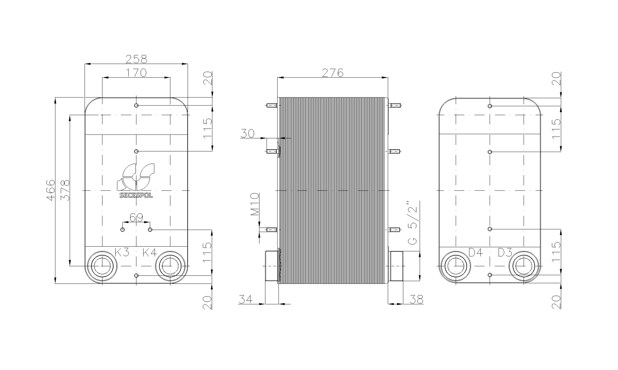 Габаритные размеры паяного пластинчатого теплообменника Secespol LC110-110-2-2,5"