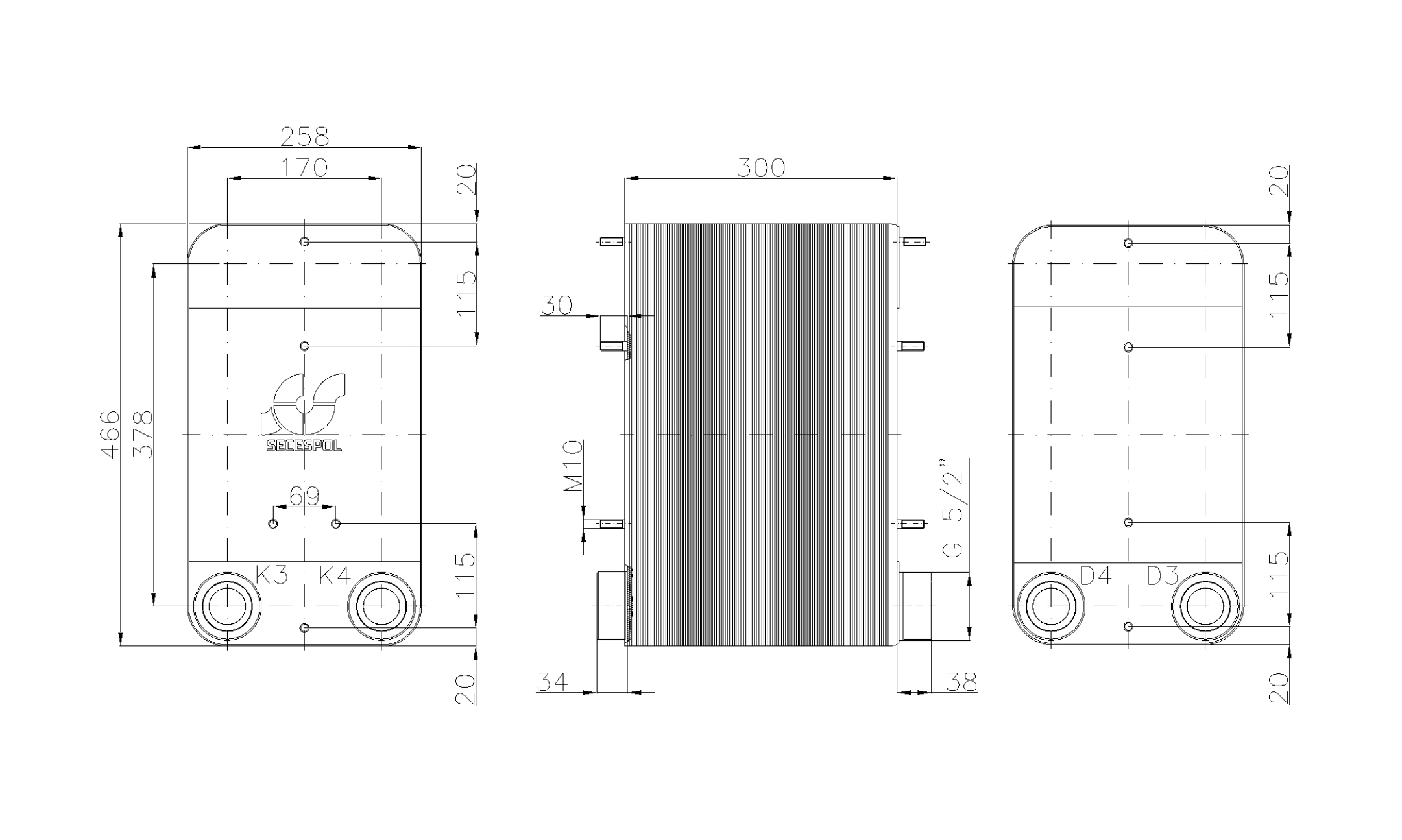 Габаритные размеры паяного пластинчатого теплообменника Secespol LC110-120-2-2,5"