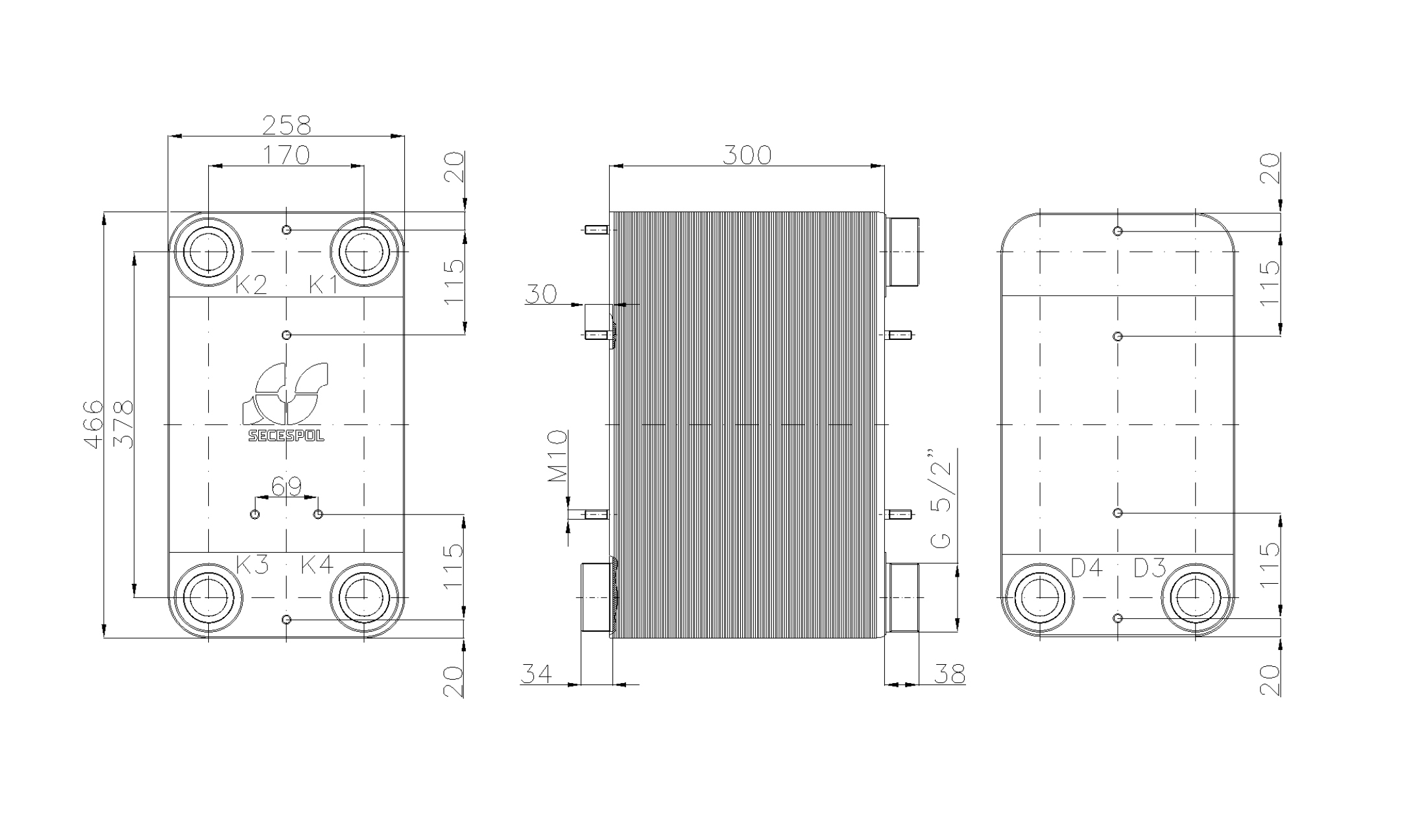 Габаритные размеры паяного пластинчатого теплообменника Secespol LC110-120-2S-2,5"
