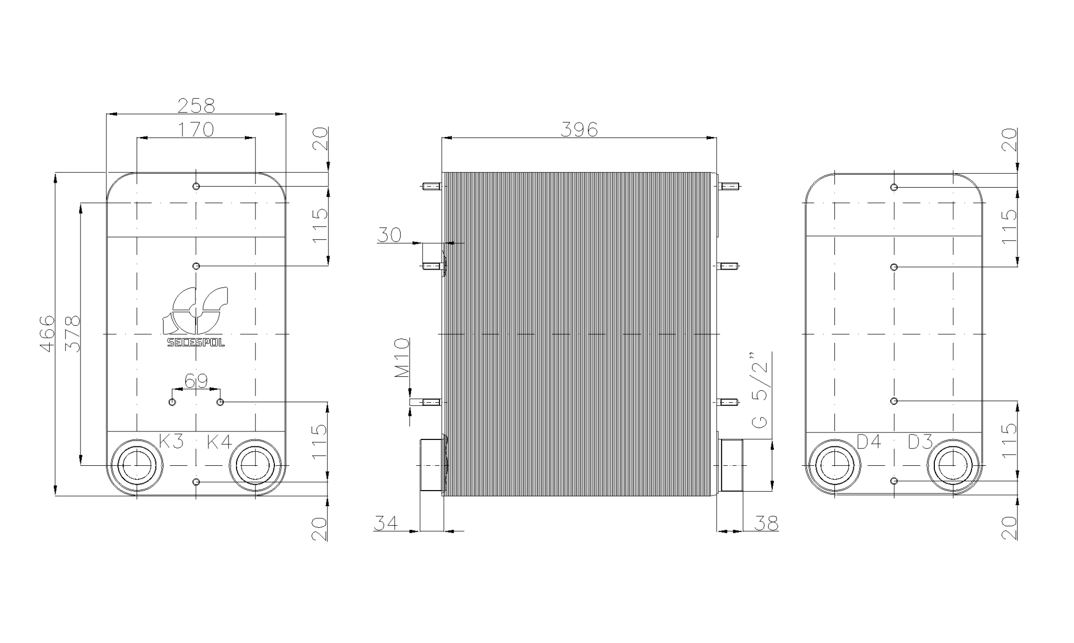 Габаритные размеры паяного пластинчатого теплообменника Secespol LC110-160-2-2,5"