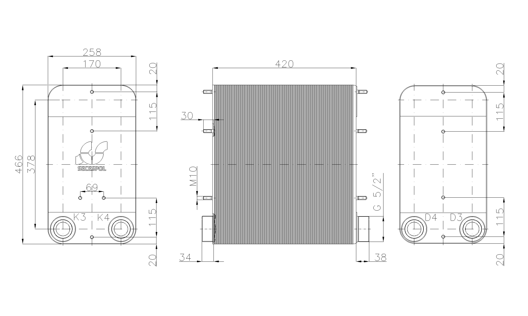 Габаритные размеры паяного пластинчатого теплообменника Secespol LC110-170-2-2,5"