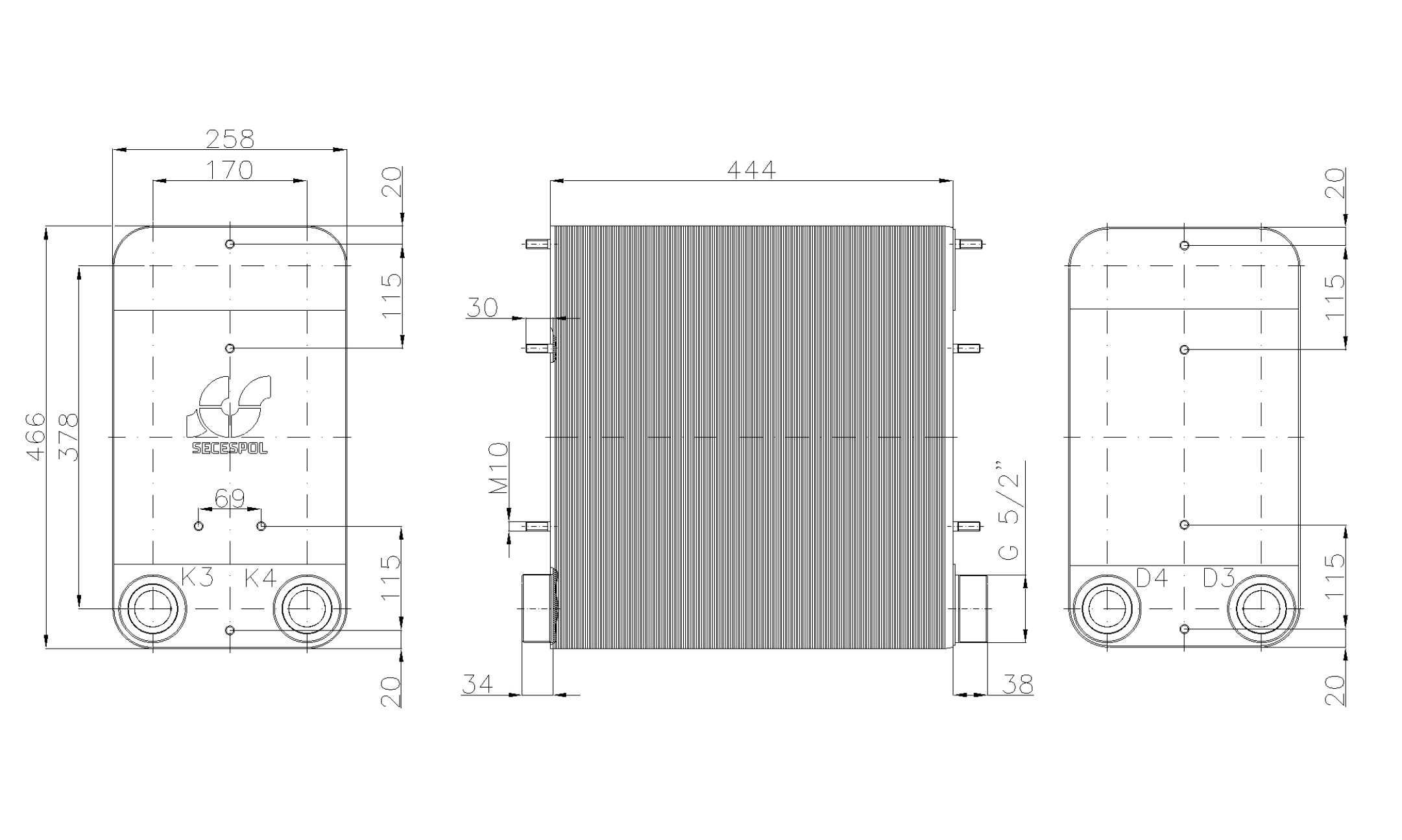 Габаритные размеры паяного пластинчатого теплообменника Secespol LC110-180-2-2,5"