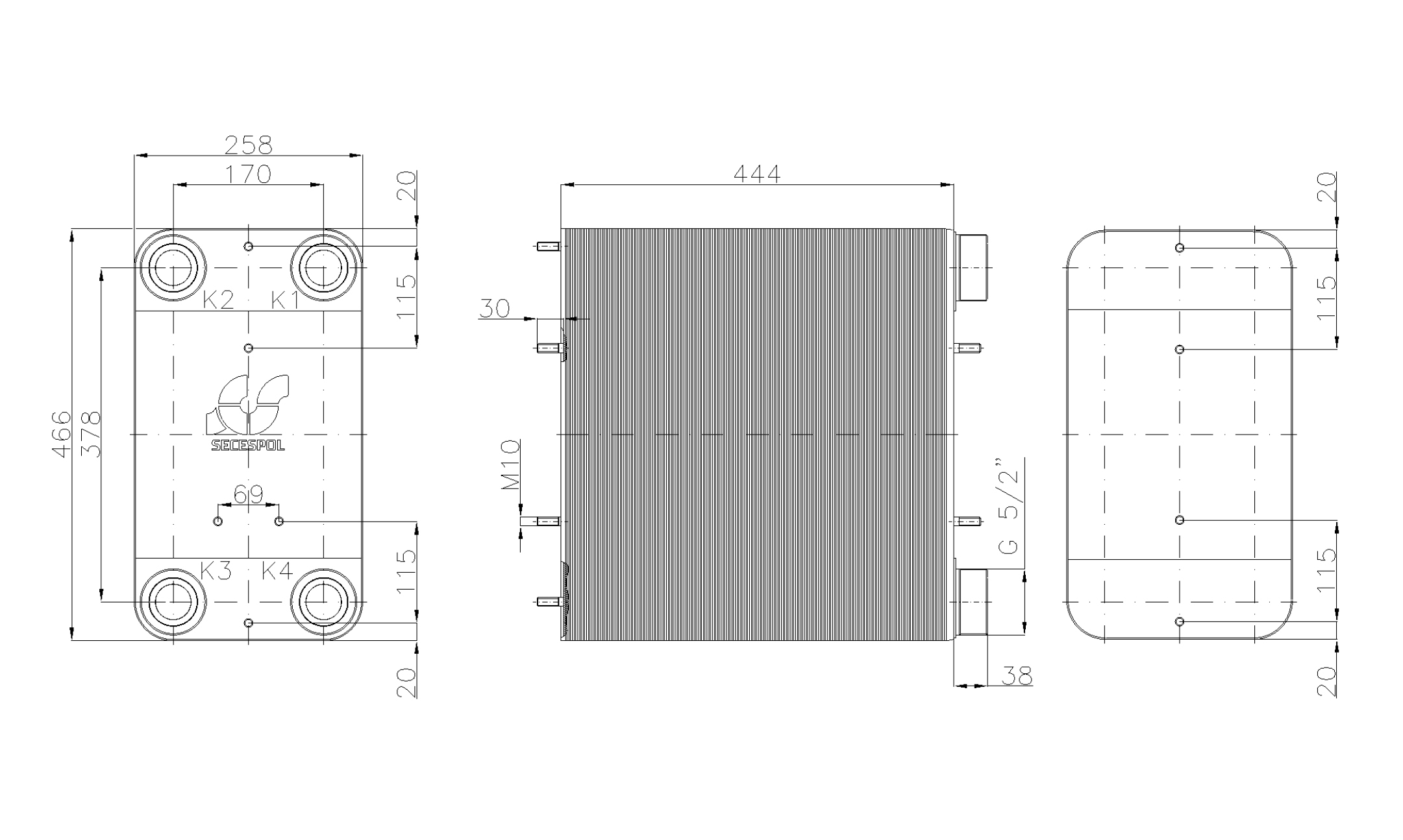 Габаритные размеры паяного пластинчатого теплообменника Secespol LC110-180-2,5"