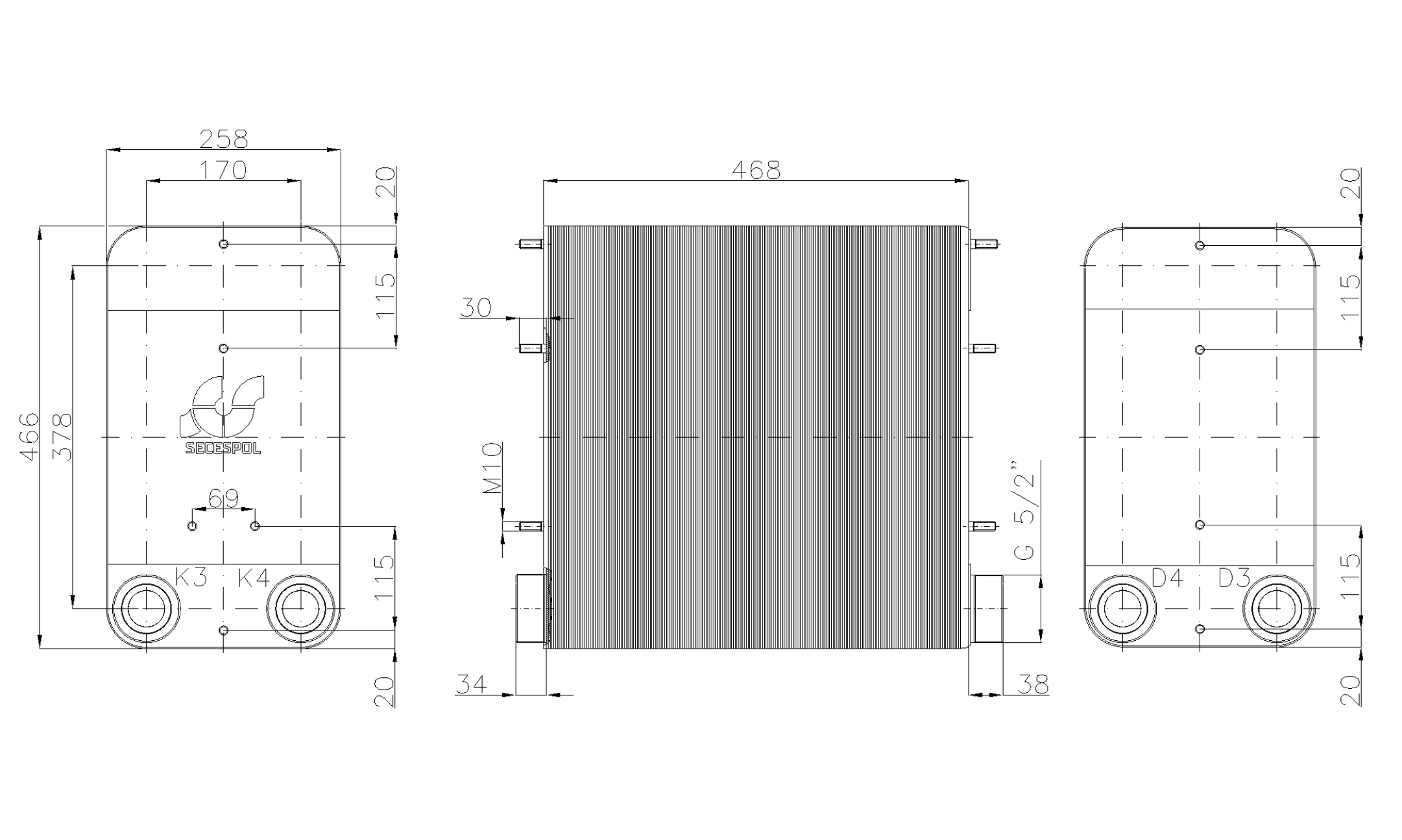Габаритные размеры паяного пластинчатого теплообменника Secespol LC110-190-2-2,5"