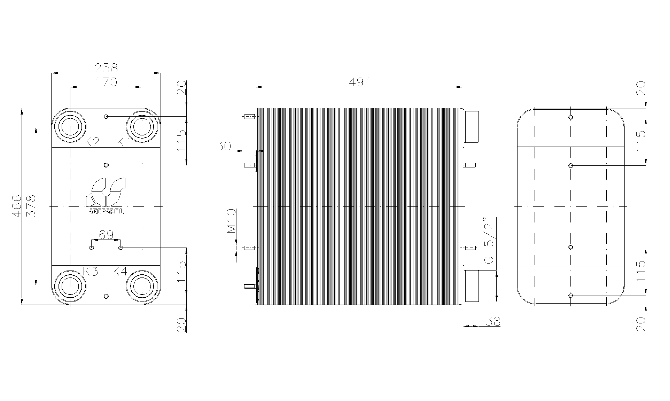 Габаритные размеры паяного пластинчатого теплообменника Secespol LC110-200-2,5"
