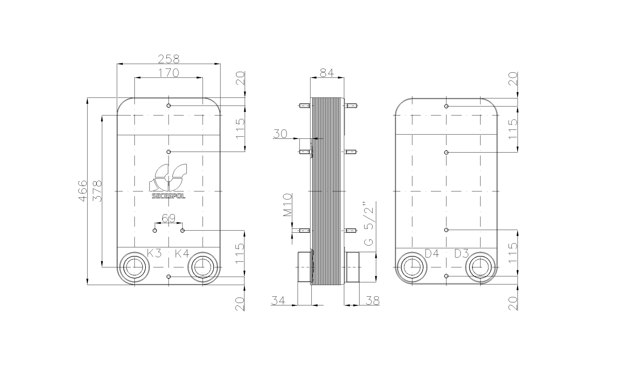 Габаритные размеры паяного пластинчатого теплообменника Secespol LC110-30-2-2,5"
