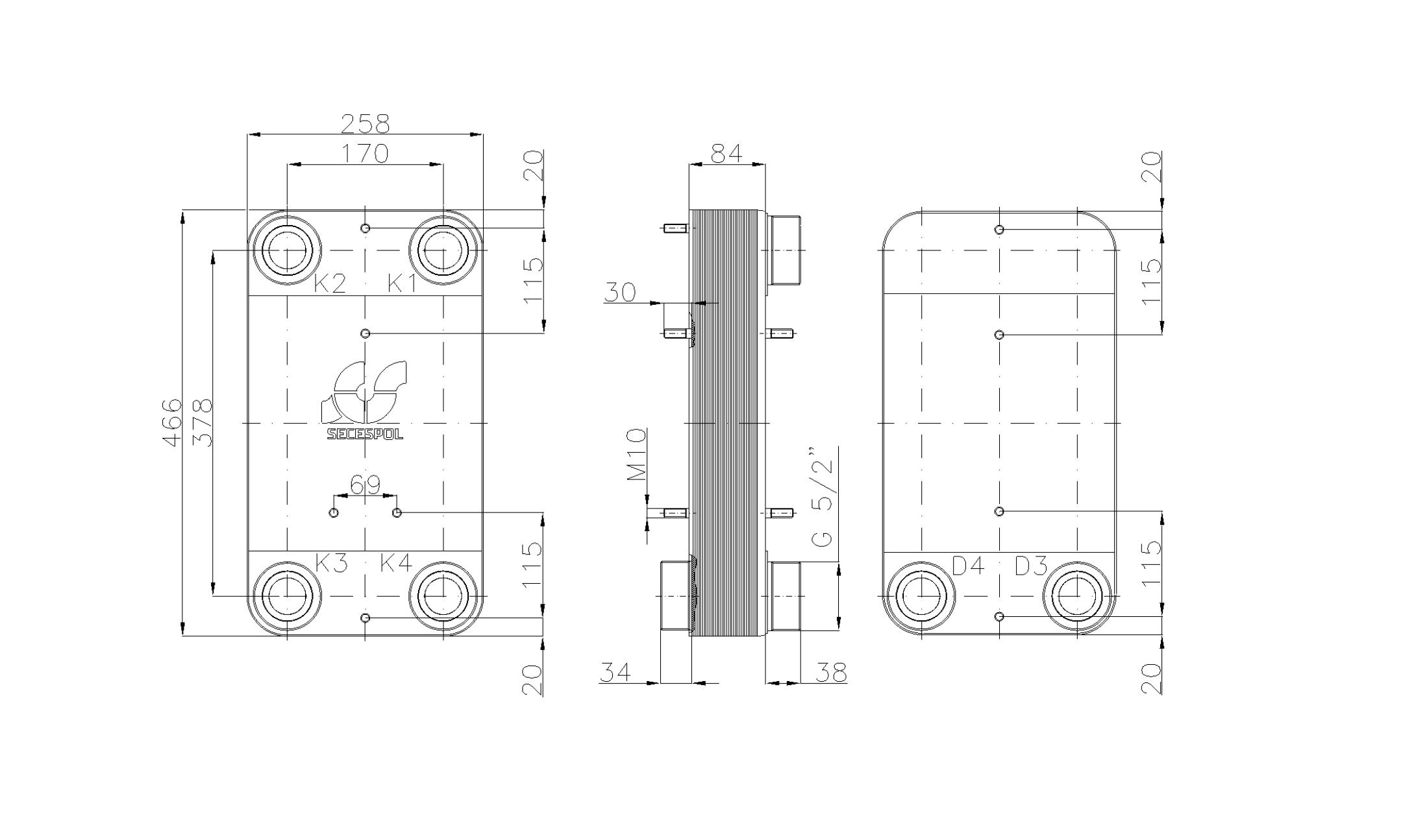 Габаритные размеры паяного пластинчатого теплообменника Secespol LC110-30-2S-2,5"