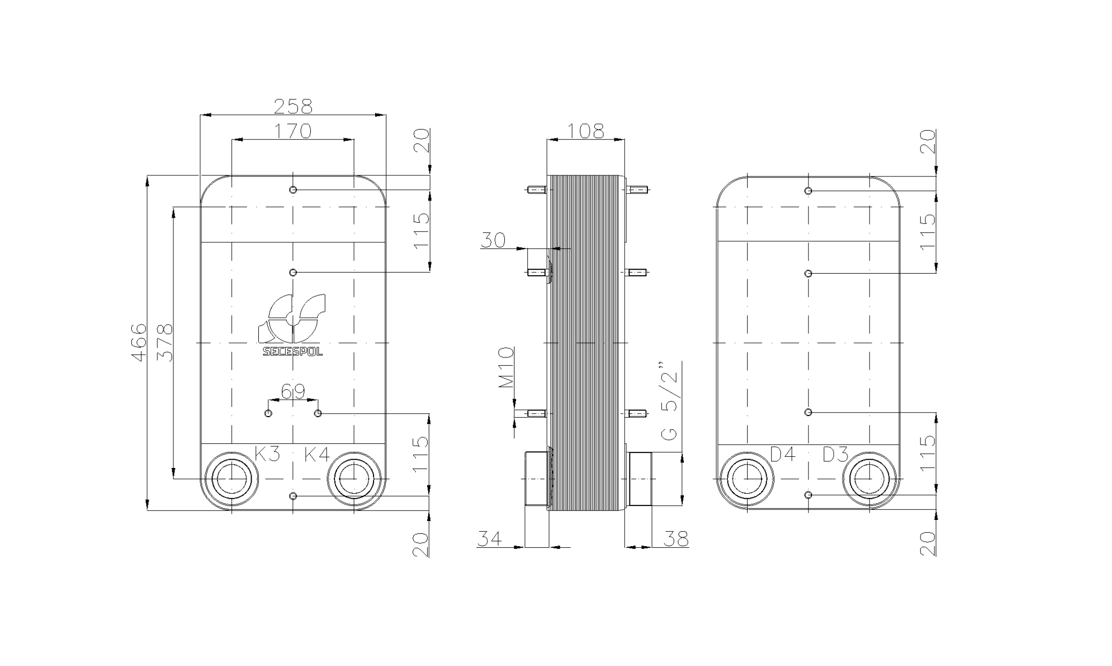 Габаритные размеры паяного пластинчатого теплообменника Secespol LC110-40-2-2,5"
