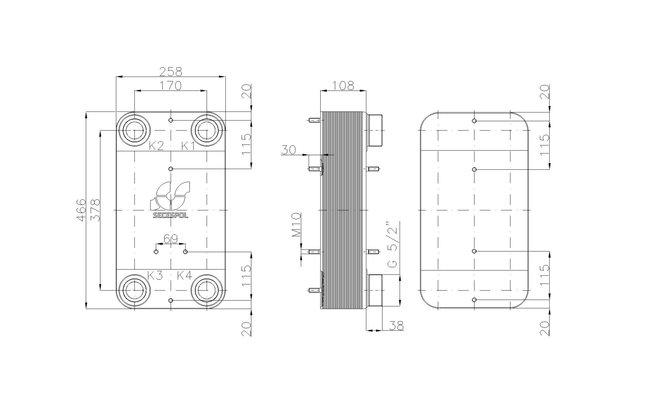 Габаритные размеры паяного пластинчатого теплообменника Secespol LC110-40-2,5"