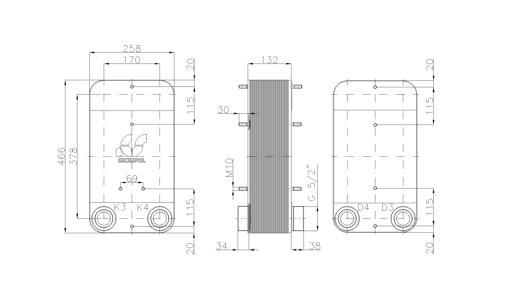 Габаритные размеры паяного пластинчатого теплообменника Secespol LC110-50-2-2,5"