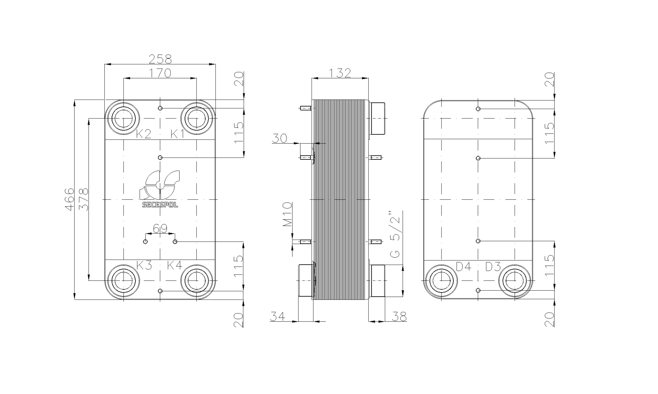Габаритные размеры паяного пластинчатого теплообменника Secespol LC110-50-2S-2,5"
