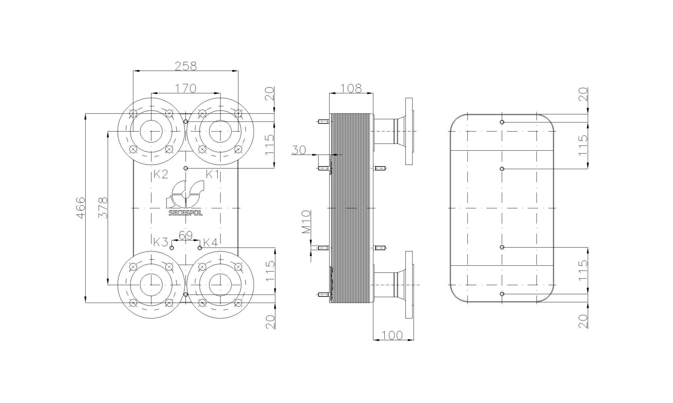 Габаритные размеры паяного пластинчатого теплообменника Secespol LC110-40-DN50.CS