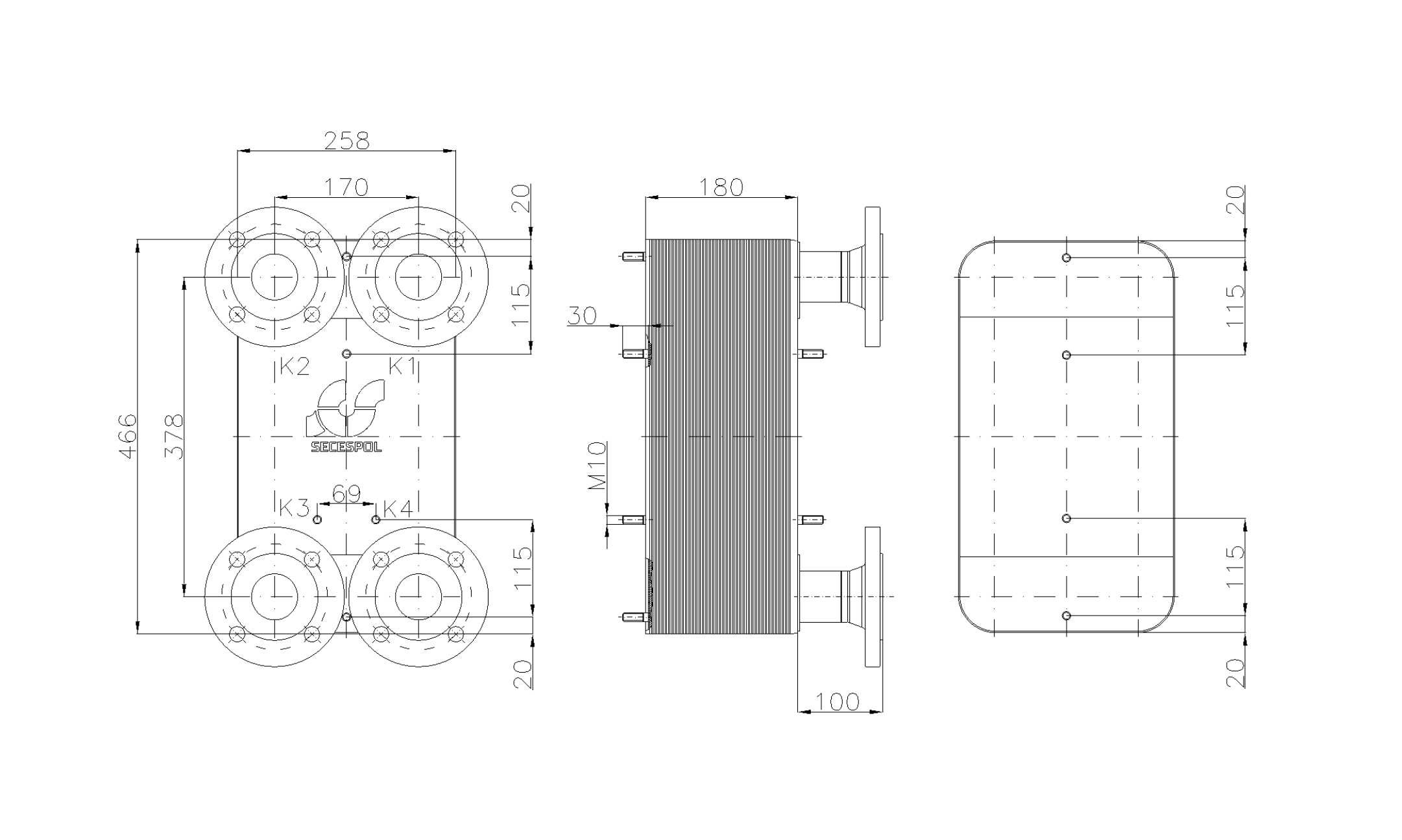 Габаритные размеры паяного пластинчатого теплообменника Secespol LC110-70L-DN50.SS