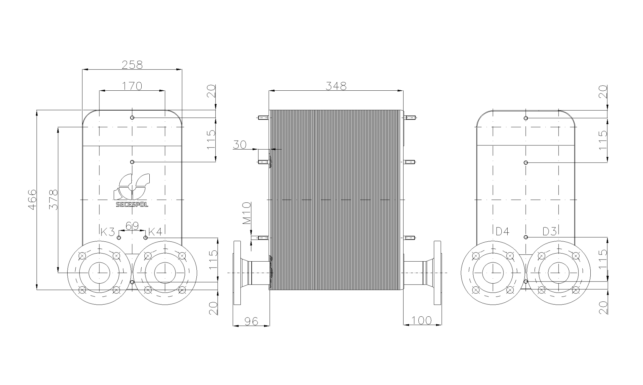 Габаритные размеры паяного пластинчатого теплообменника Secespol LC110-140-2-DN50.SS