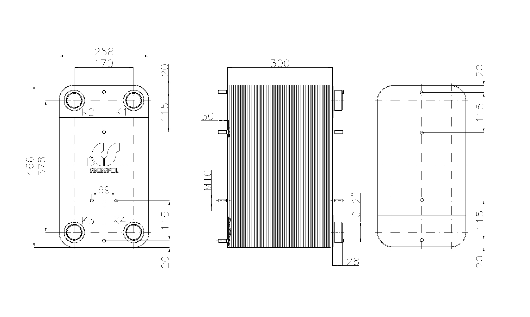 Габаритные размеры паяного пластинчатого теплообменника Secespol LC110-120L-2"