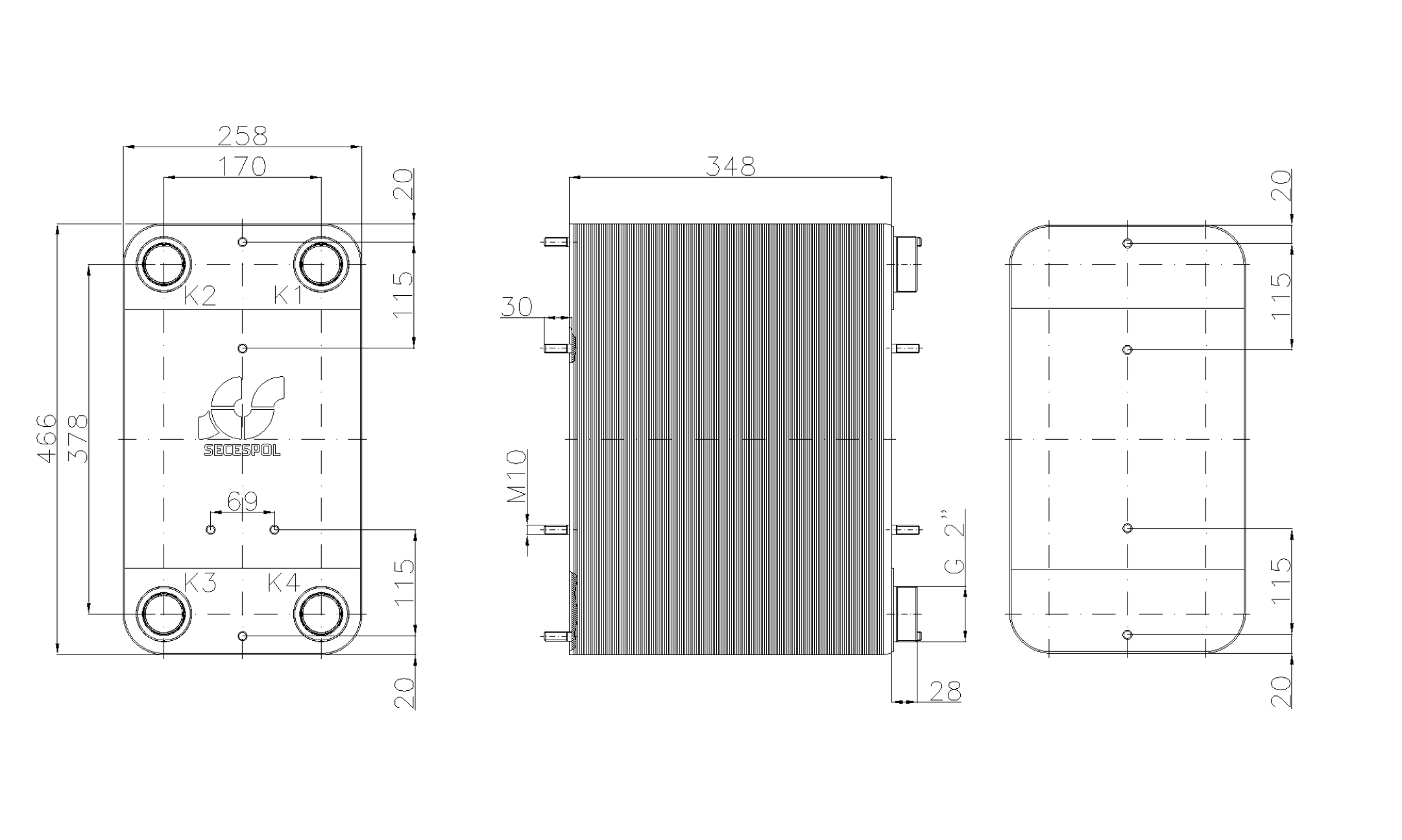 Габаритные размеры паяного пластинчатого теплообменника Secespol LC110-140L-2"