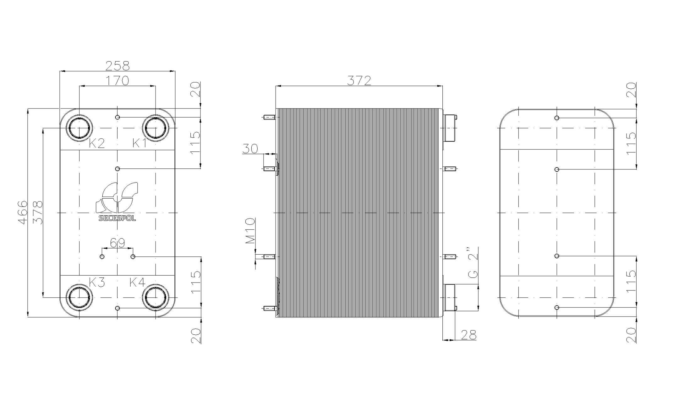 Габаритные размеры паяного пластинчатого теплообменника Secespol LC110-150L-2"