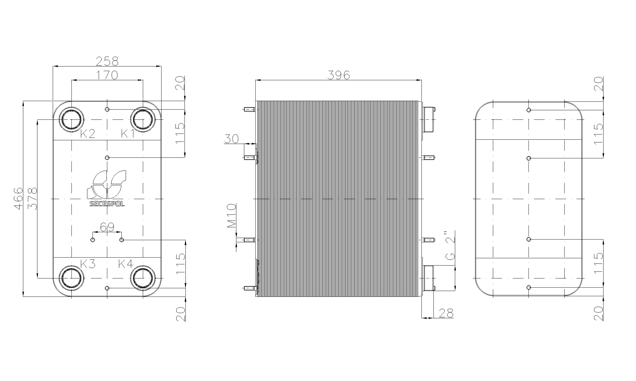 Габаритные размеры паяного пластинчатого теплообменника Secespol LC110-160L-2"