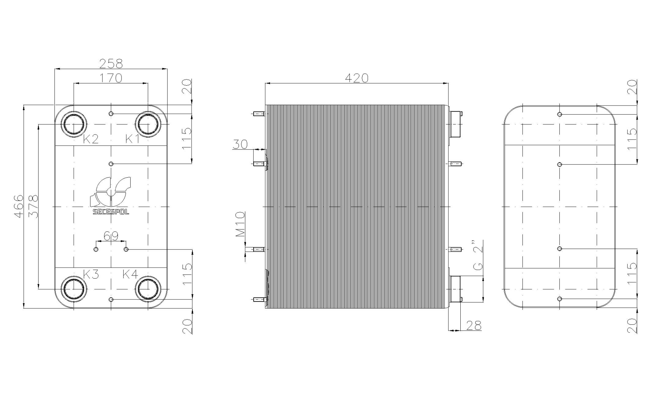 Габаритные размеры паяного пластинчатого теплообменника Secespol LC110-170L-2"