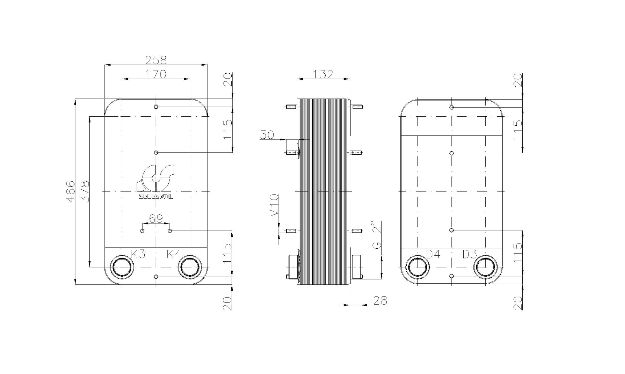 Габаритные размеры паяного пластинчатого теплообменника Secespol LC110-50L-2-2"