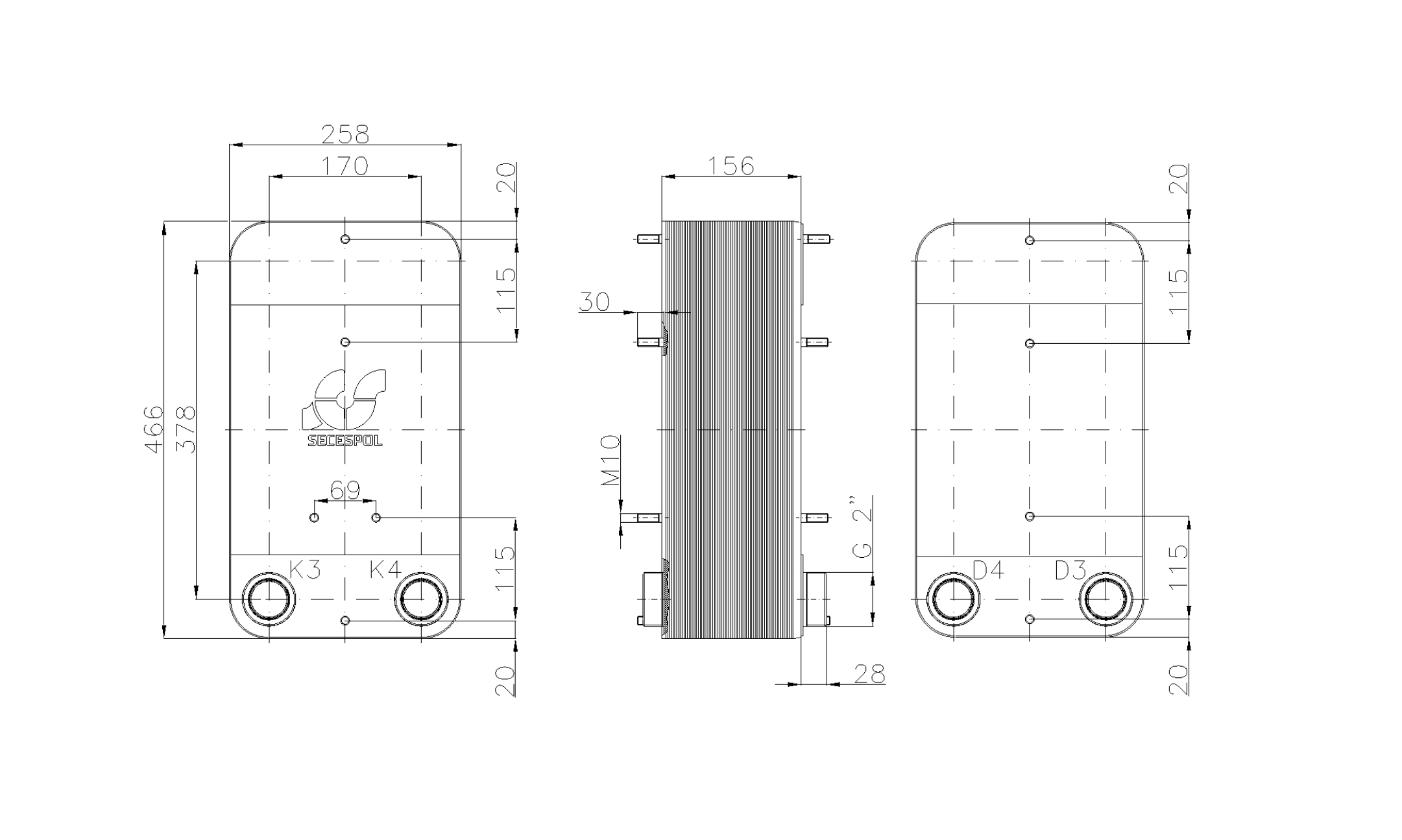 Габаритные размеры паяного пластинчатого теплообменника Secespol LC110-60L-2-2"