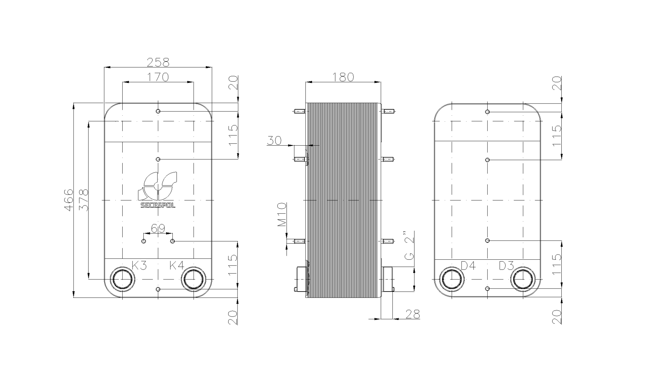 Габаритные размеры паяного пластинчатого теплообменника Secespol LC110-70L-2-2"