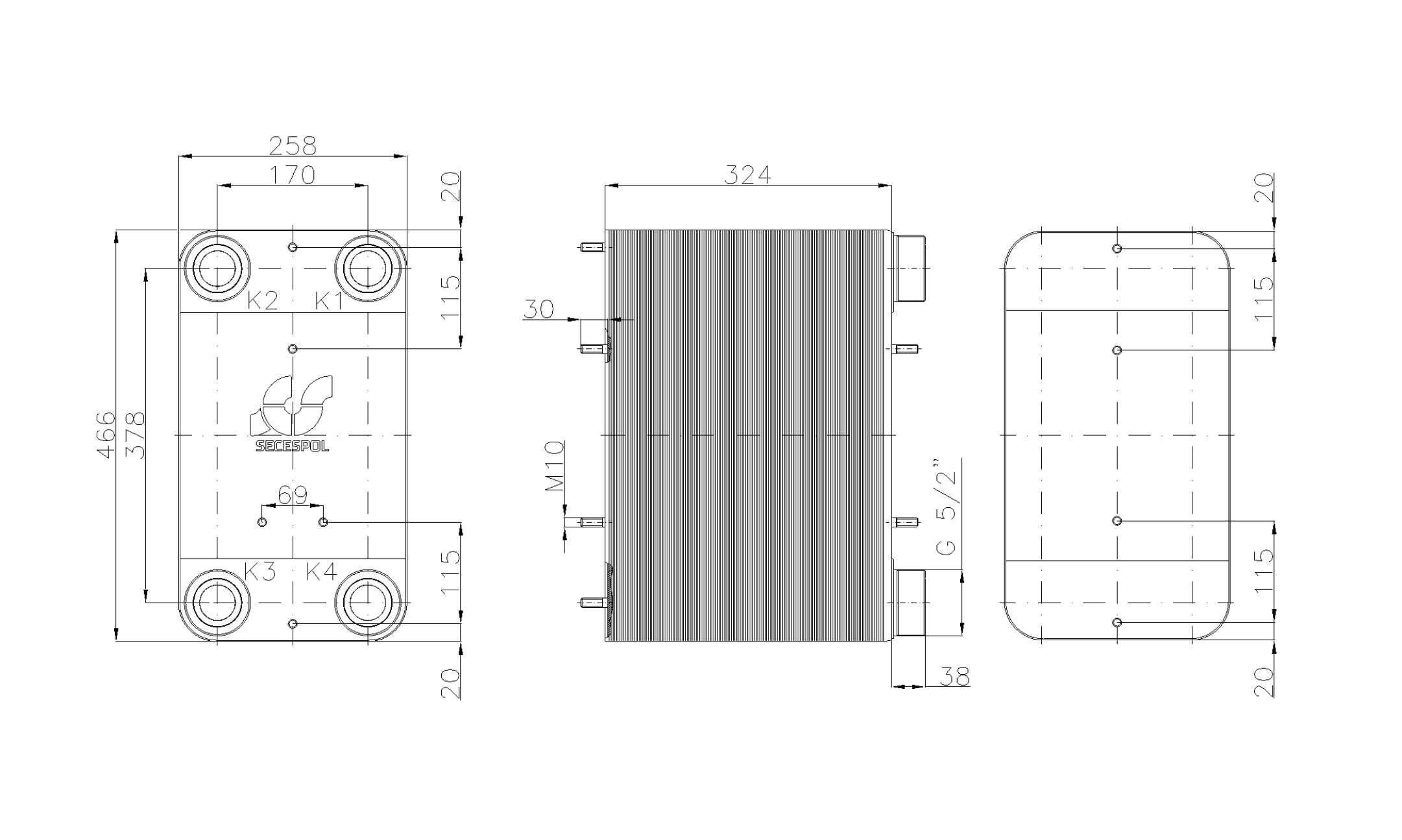 Габаритные размеры паяного пластинчатого теплообменника Secespol LC110-130L-2,5"