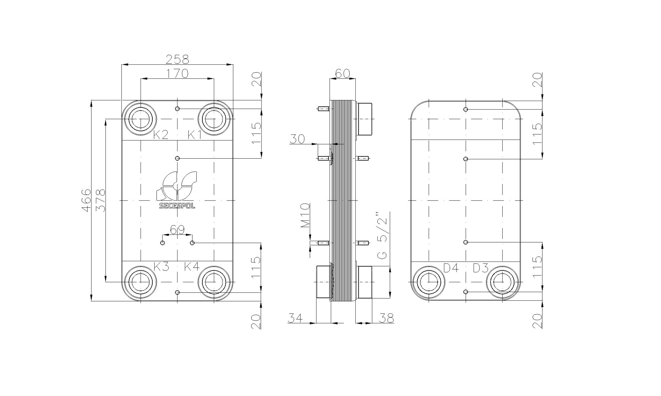 Габаритные размеры паяного пластинчатого теплообменника Secespol LC110-20L-2S-2,5"